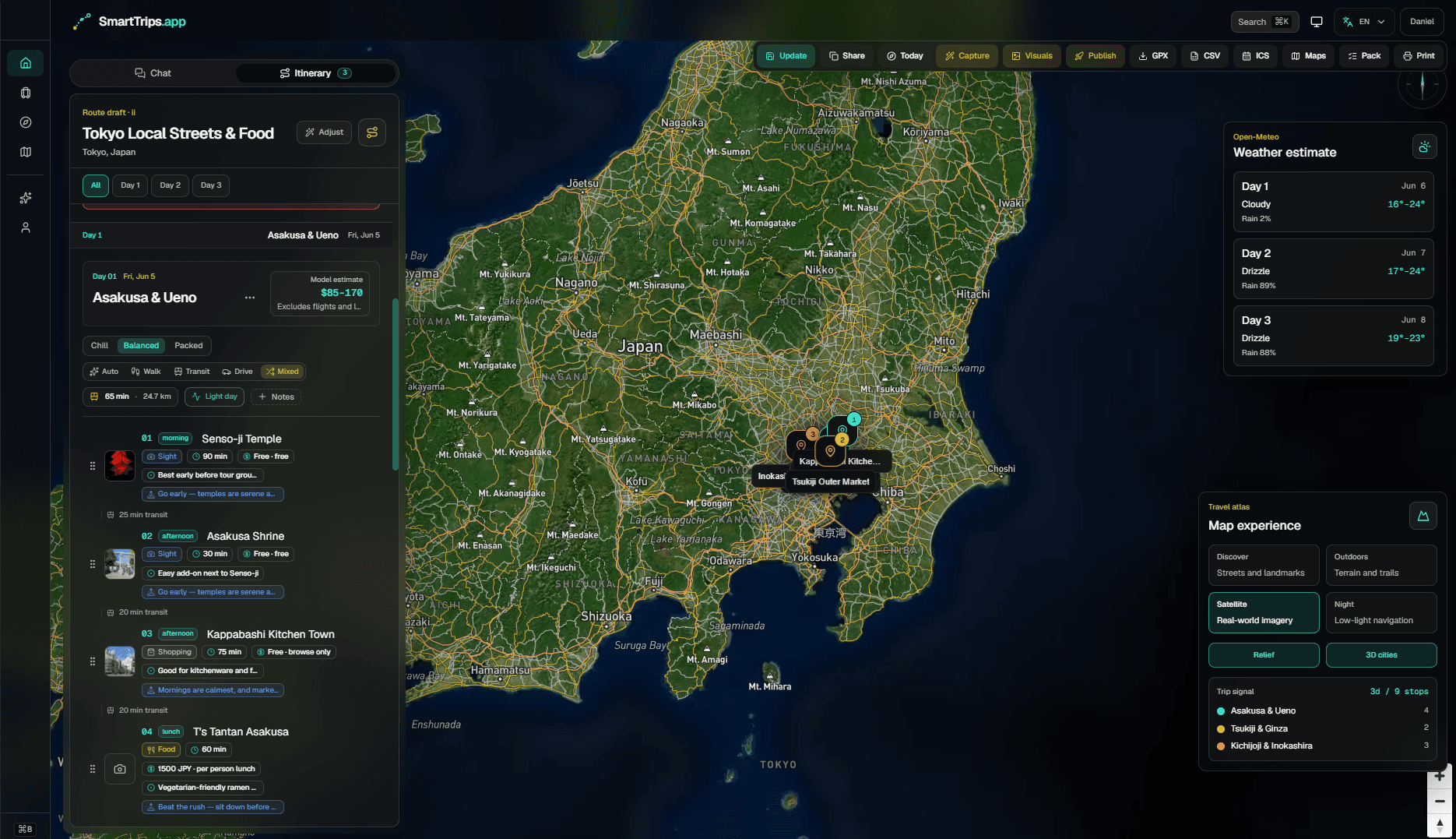 SmartTrips map-first itinerary planner interface